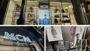 MCM銀座の外観と店内商品のコラージュ