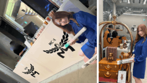 MCM銀座で撮影したイベント当日の筆者と店内ディスプレイのコラージュ