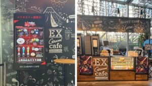 EX GARDEN CAFEの注文カウンター周辺に掲示された地獄先生ぬ〜べ〜のコラボポスターとメニュー案内