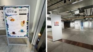 WHAT CAFE店内に設置されたガウディ展コラボメニュー案内と展示アート