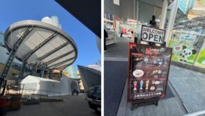 テレビ朝日本社1階にあるEX GARDEN CAFEと地獄先生ぬ〜べ〜コラボカフェの案内看板