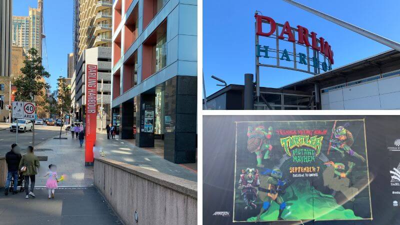 ダーリング・ハーバーのロゴとミュータント・タートルズの看板