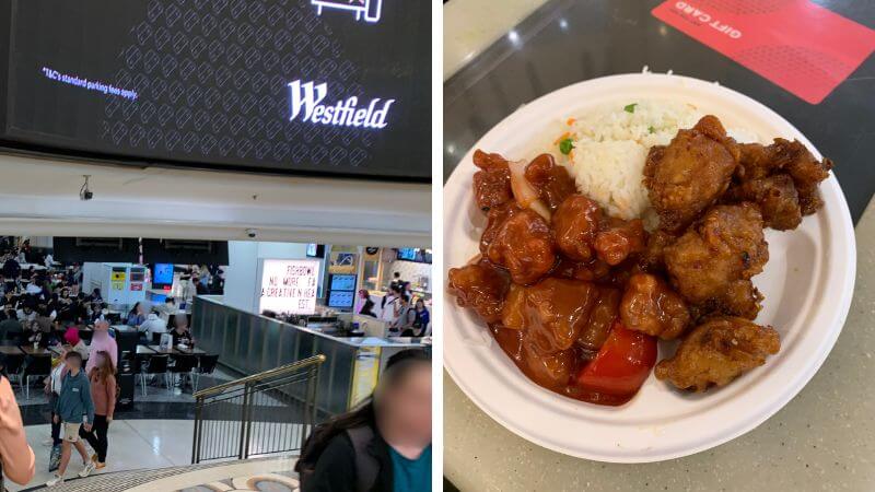 Westfieldのフードコートと中華プレートの食事