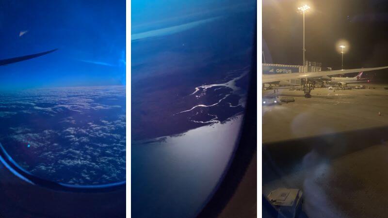 飛行機の窓から見た空と海の景色を時間帯別に並べた写真