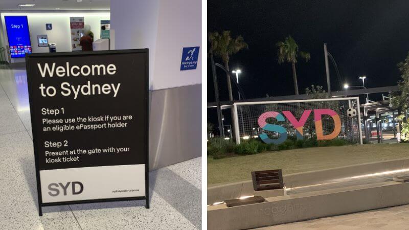 シドニー空港のWelcome to Sydney看板とSYDの装飾を撮影した写真
