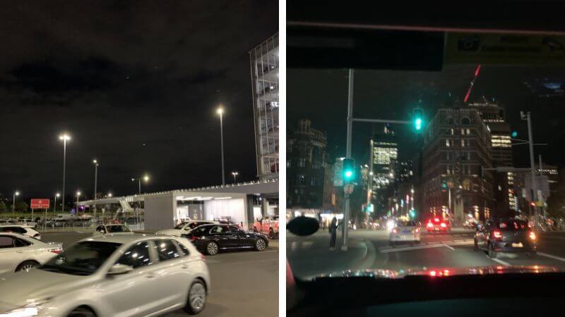 タクシー車内から見たシドニー市内の夜の道路と信号の様子