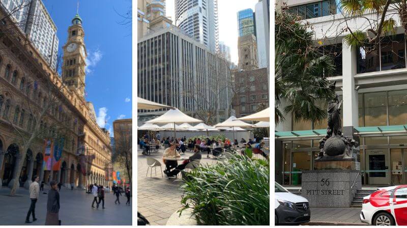 Martin PlaceとPitt Street周辺のビル街と通行人の様子を撮影した写真