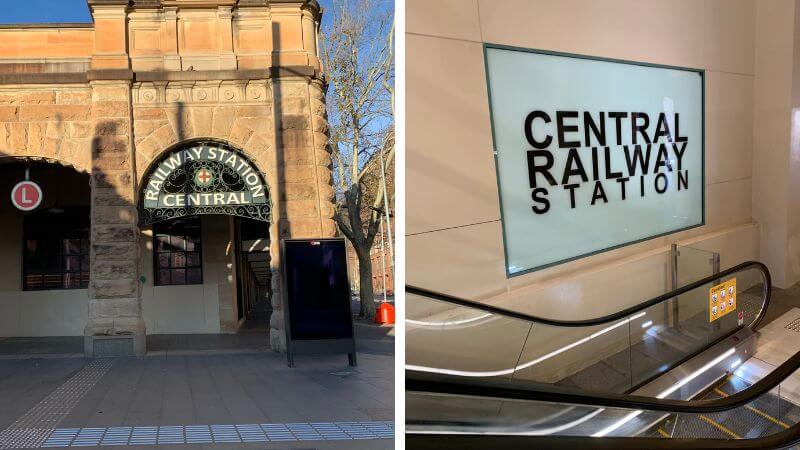 Central Railway Stationの入口と駅構内のエスカレーター