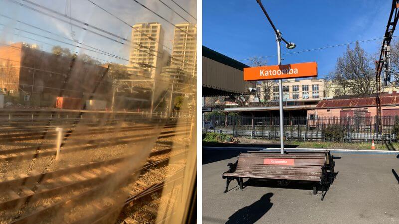 電車内から見た景色とKatoomba駅の様子