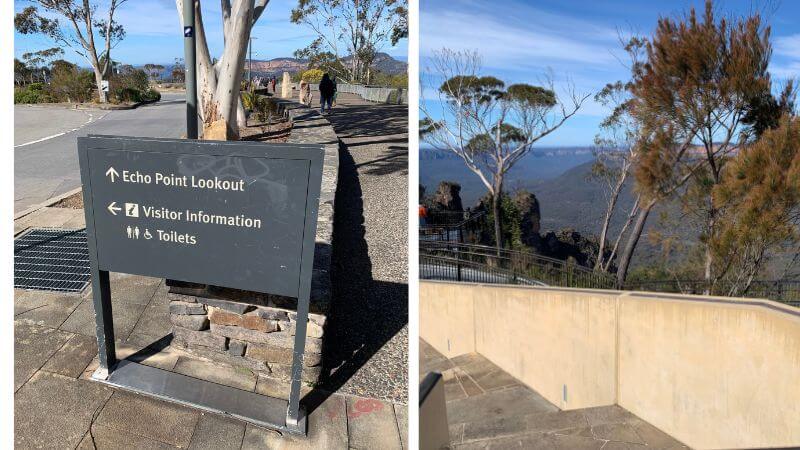 Echo Point Lookoutの案内看板と周辺の景色