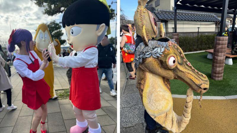 ねこむすめと記念撮影する筆者と周囲のキャラクターたち