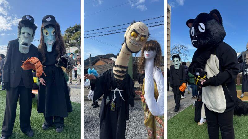妖怪パレードに参加していたタヌキ、見越し入道、ろくろ首などの仮装参加者