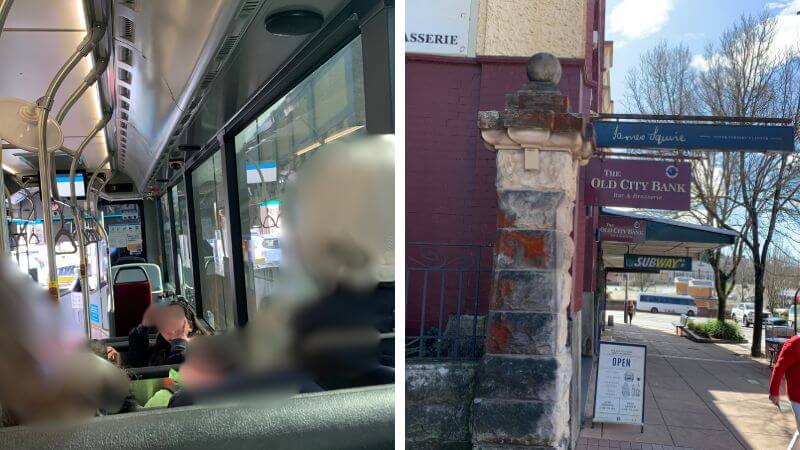 ブルーマウンテンからKatoomba駅へ戻るバス車内と駅周辺を撮影した写真