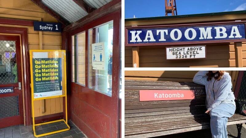 Katoomba駅の駅名表示とシドニー行きホーム付近を撮影した写真