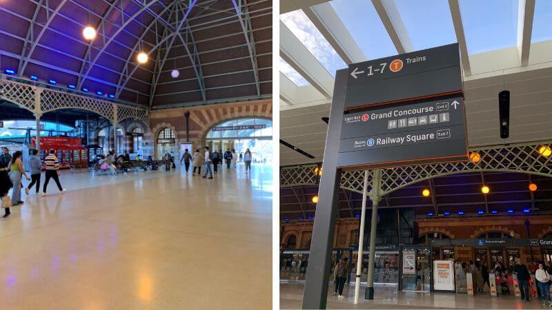 シドニーのCentral Railway Stationのコンコースと案内表示を撮影した写真