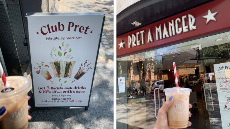 Pret A Mangerで購入したドリンクと店舗前の看板