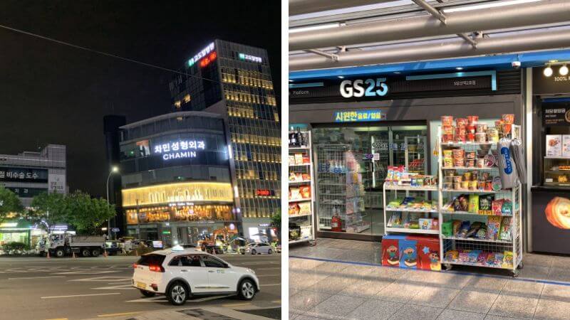 夜の韓国の街中の店舗と駅構内のコンビニ