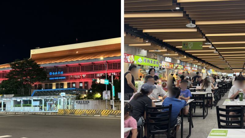 夜の台北駅と夜市地下のフードコート