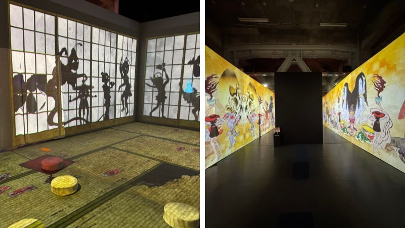 障子風スクリーンと通路壁面に映し出された「動き出す妖怪展 TOKYO」の3DCG展示