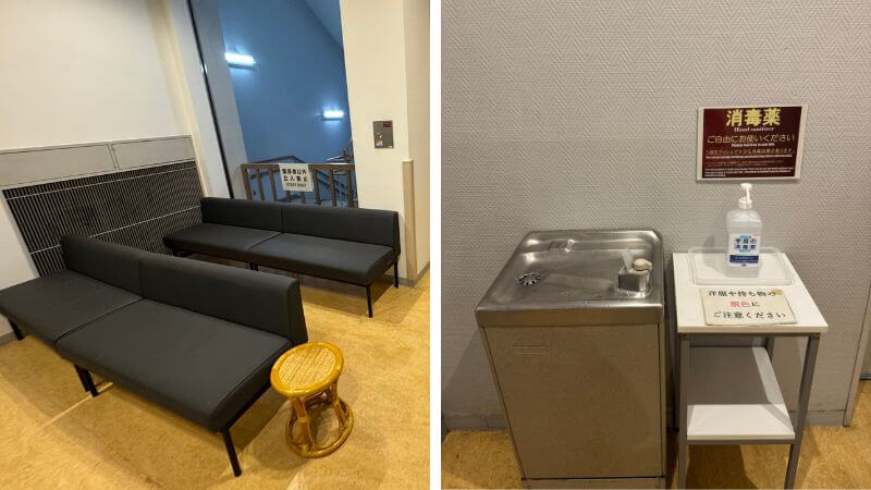 超危険生物展の途中にあるベンチとトイレ前の水飲み場