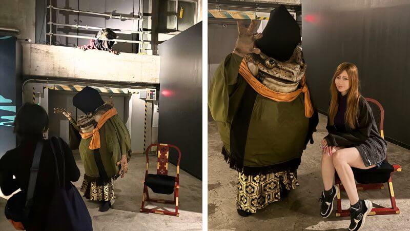 「動き出す妖怪展 TOKYO」の妖怪グリーティングで登場した鳥帽子かえると筆者の2ショット