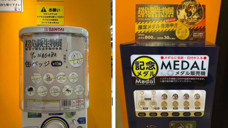 超危険生物展の缶バッジのガチャガチャと記念メダル販売機