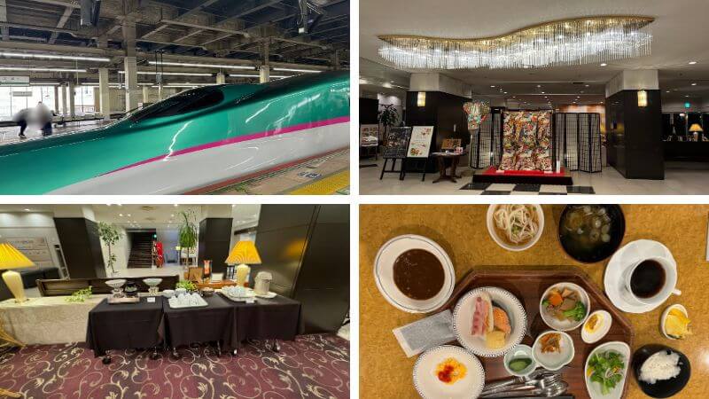 仙台へ向かう新幹線、石巻グランドホテルの館内、朝食ビュッフェの写真