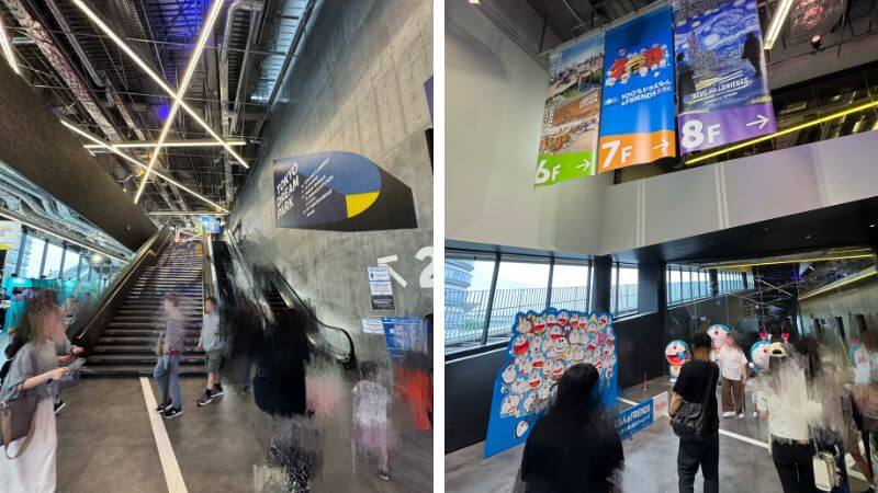 TOKYO DREAM PARKの1階ロビーとエスカレーター、7階から9階への案内表示