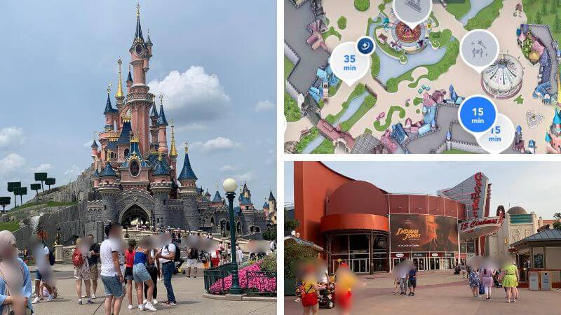 ディズニーランド・パリの城、待ち時間表示、園内風景