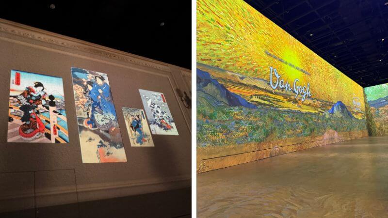 レーヴデリュミエールのメインホールで浮世絵とゴッホの映像が投影されている様子
