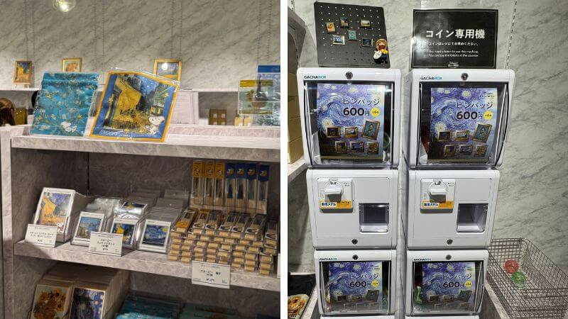 レーヴデリュミエールのショップに並ぶゴッホ関連グッズとピンバッジ販売機