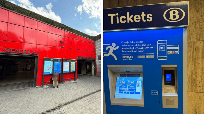 ブリュッセル中央駅の入口とSNCB/NMBSのチケット券売機