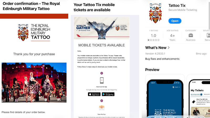 The Royal Edinburgh Military Tattooの購入確認メールとモバイルチケット案内、Tattoo Tixアプリ