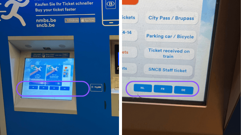 ブリュッセル中央駅のSNCB/NMBS券売機でENを選ぶ言語選択画面