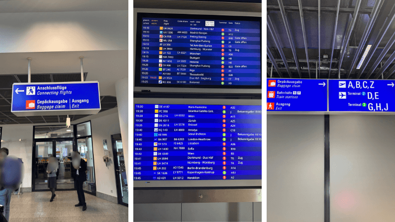 フランクフルト空港到着後に確認したConnecting flightsとBaggage claim・Exitの案内表示