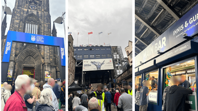 The Royal Edinburgh Military Tattoo 2026の入場待機列とチケット確認地点、入場後のバー