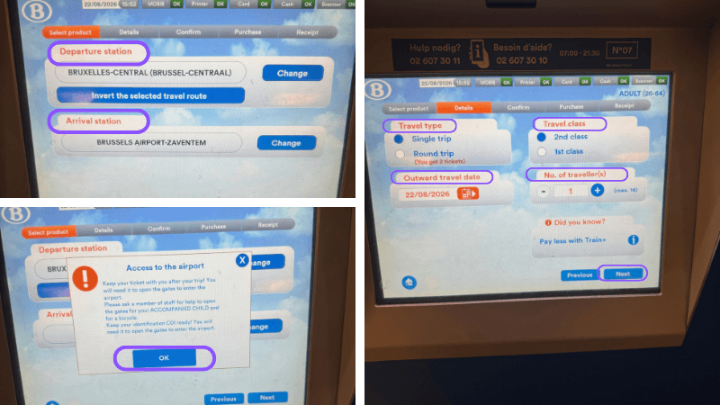 SNCB/NMBS券売機でBrussels Airport-Zaventemと片道・2等車を指定する画面