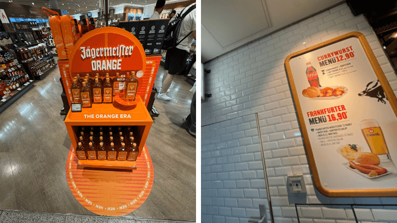 フランクフルト空港内のイエーガーマイスター売場とフランクフルターのカフェメニュー