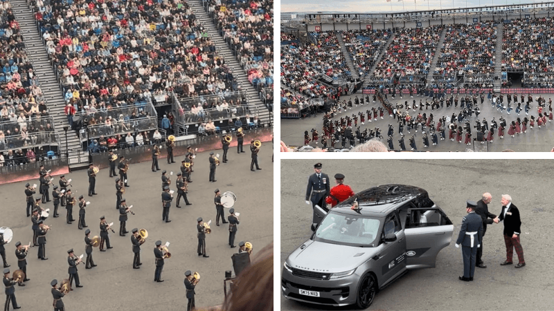 The Royal Edinburgh Military Tattoo 2026のRoyal Air Force、集団フォーメーション、車で入場する来賓
