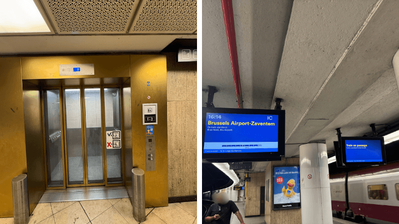 ブリュッセル中央駅1番ホームへのリフトと16時14分発Brussels Airport-Zaventem行き案内