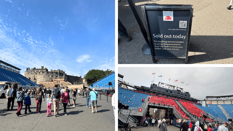 The Royal Edinburgh Military Tattoo開催期間中に後日再訪したエディンバラ城前と観客席、当日券売り切れ表示