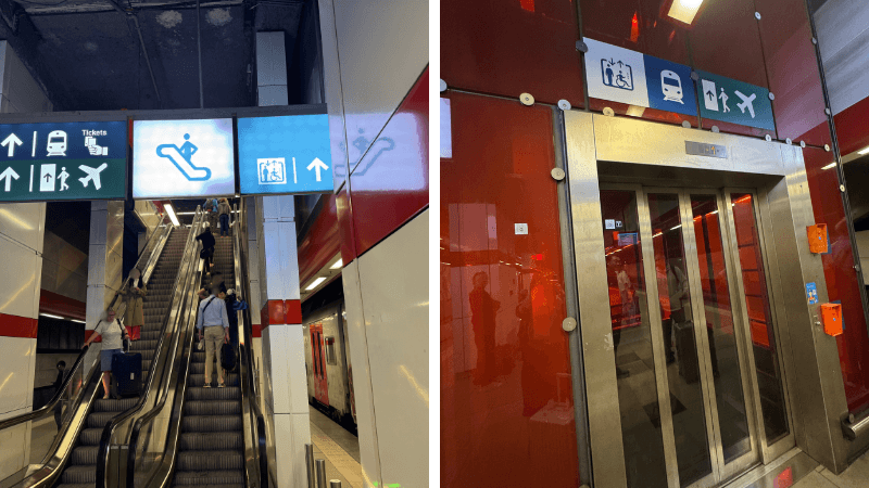 ブリュッセル空港駅ホームから空港施設へ移動するエスカレーターとリフト