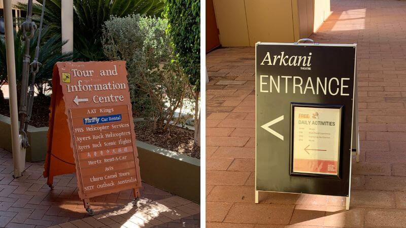 エアーズロック・リゾート内の看板（インフォメーションセンターとArkani Theatre）