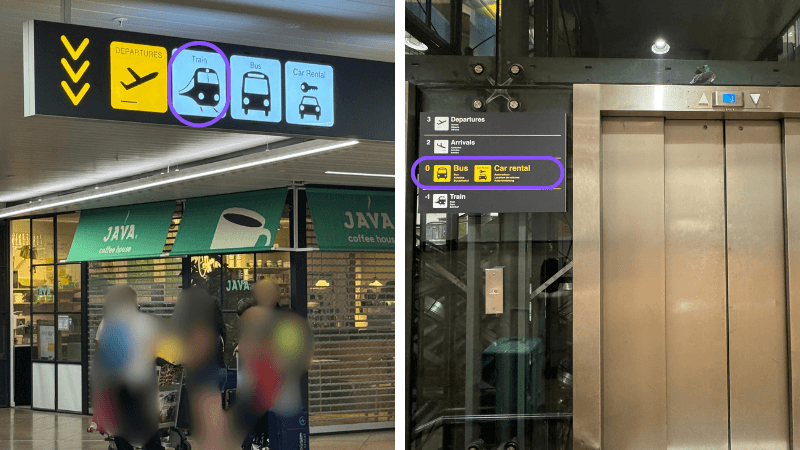 ブリュッセル空港内のTrain案内表示と鉄道駅へ向かうリフト