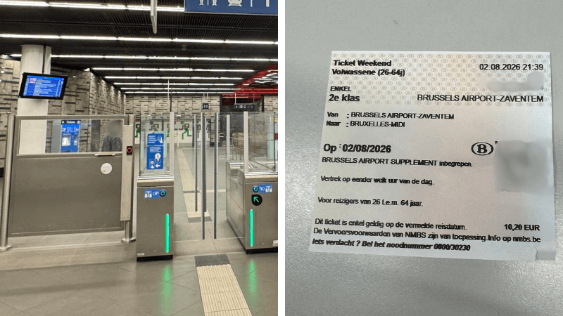 ブリュッセル空港駅の改札ゲートとQRコード付きSNCB紙チケット
