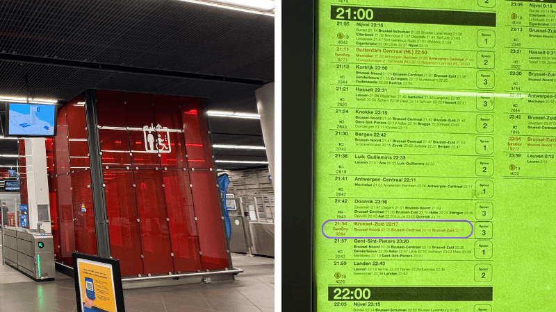 ブリュッセル空港駅の赤いリフトと21時台の列車時刻表